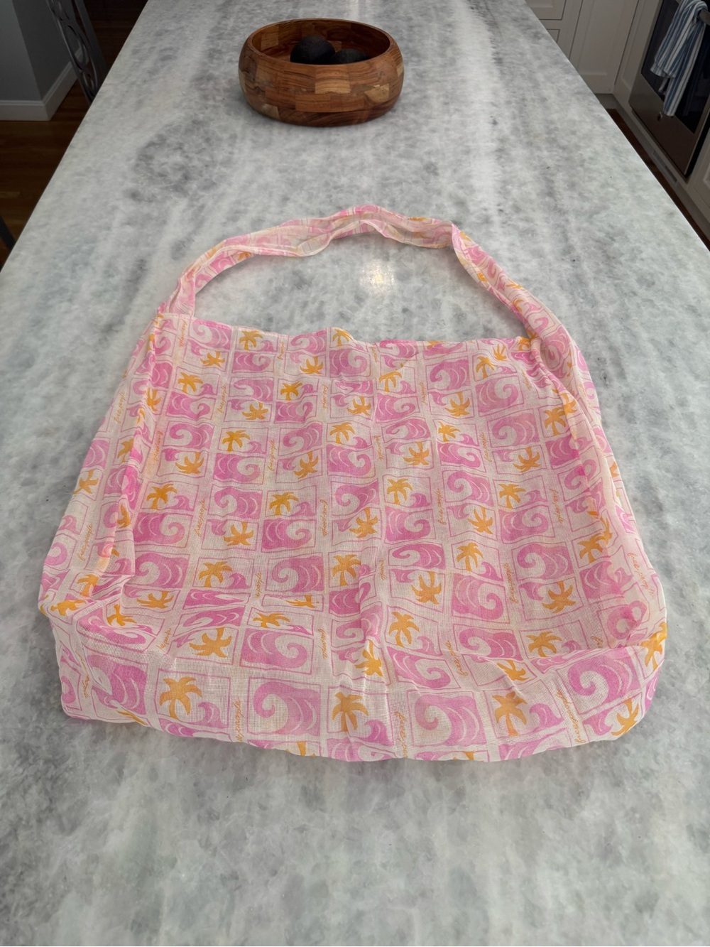 Large Free People Pink & Yellow Palm Tree and Wave Print Reusable Shoulder Tote